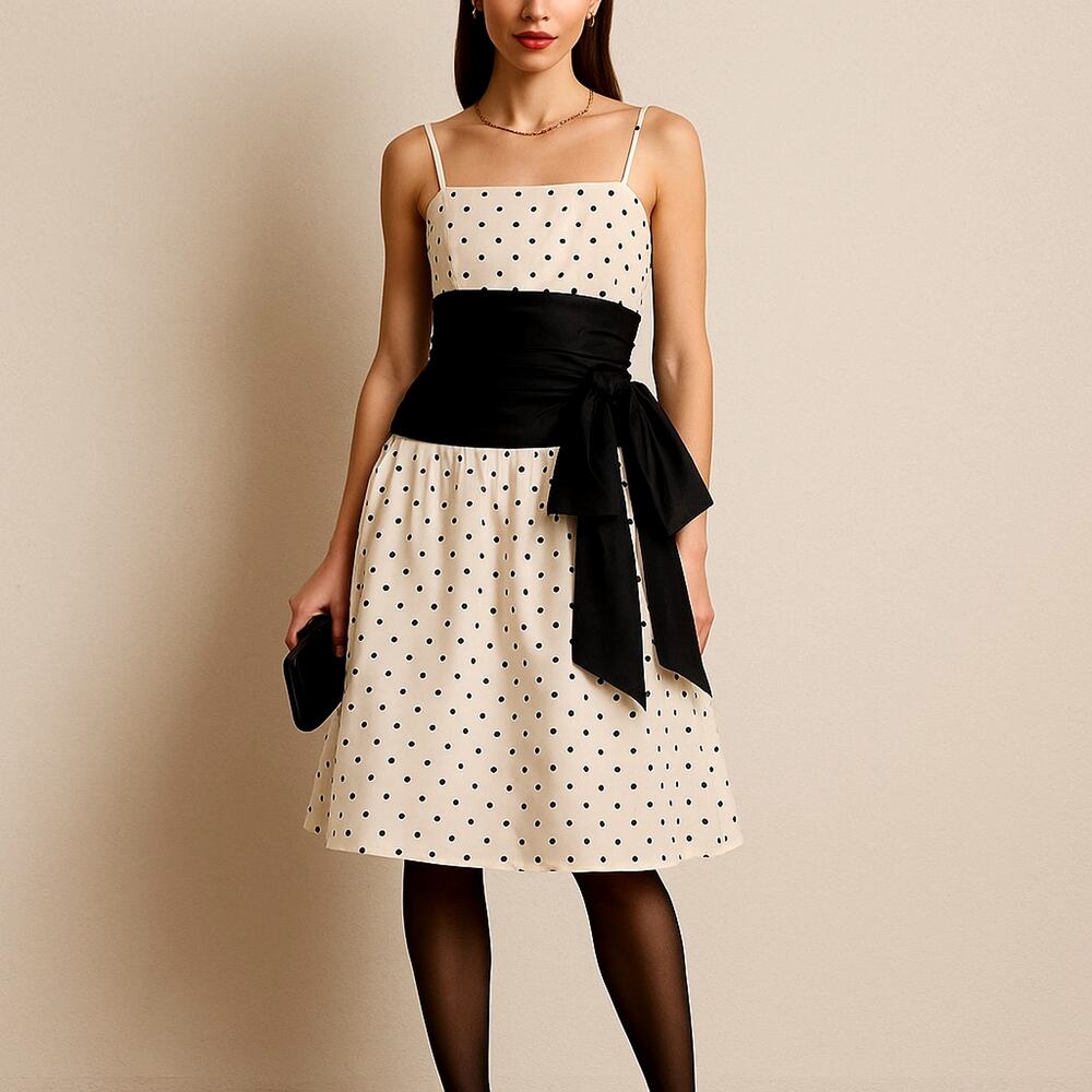 Polka Dot Taffeta Cocktail Dress 4 Vintage 80s/90s Holiday Party Black White y2k
